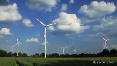 萨克森州蓝色天空前的风力涡轮机